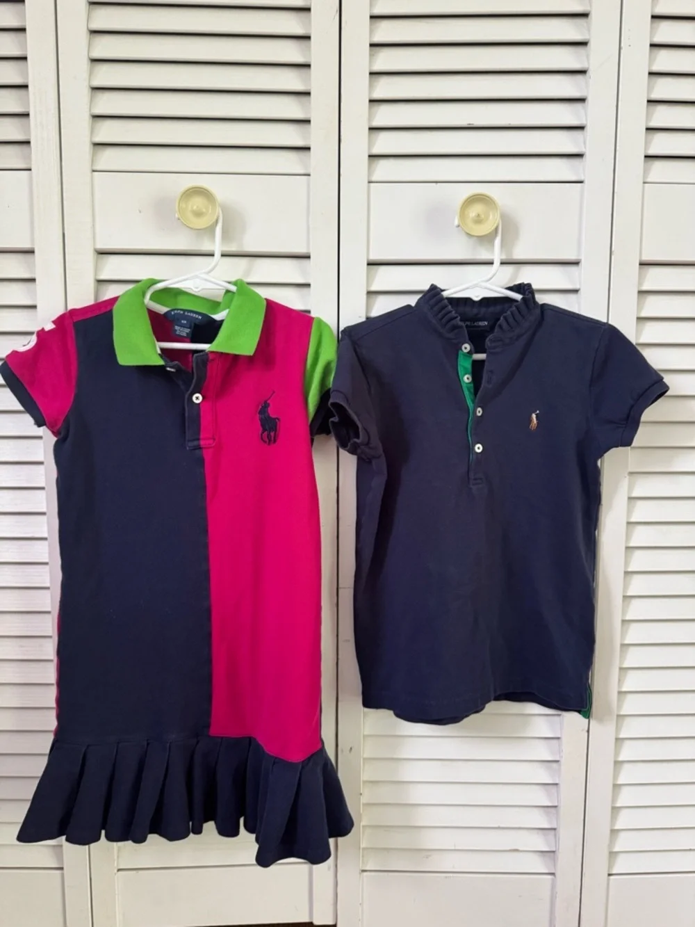 Ralph Lauren Girls Navy, Pink & Green Colorblock Polo Dress and the t-shirt.